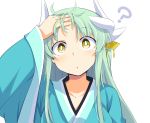  1girl ? bangs blue_kimono brown_eyes chata_maru_(irori_sabou) collarbone commentary_request eyebrows_visible_through_hair fate/grand_order fate_(series) highres horns japanese_clothes kimono kiyohime_(fate/grand_order) long_hair long_sleeves looking_at_viewer simple_background solo white_background wide_sleeves 