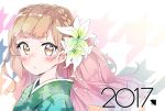  1girl blush braid brown_eyes crown_braid dated flower green_kimono hair_flower hair_ornament japanese_clothes kimono long_hair looking_at_viewer miman nengajou new_year sachi_tachibana simple_background solo upper_body watashi_no_yuri_wa_oshigoto_desu! 