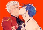  archer blue_hair blush cheek_kiss closed_eyes crossed_arms cu_chulainn_(fate)_(all) dark_skin dark_skinned_male earrings fate/grand_order fate/stay_night fate_(series) gae_bolg heart jewelry kiss lancer long_hair male_focus necklace ponytail red_background red_eyes shirtless tatsuta_age white_hair wince yaoi 