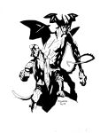  2boys broken_horn demon_horns demon_tail demon_wings devilman devilman_(character) devilman_crybaby gauntlets hellboy hellboy_(comic) horns jacket mike_mignola monochrome multiple_boys official_art tail white_background wings 