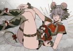  1girl 2020 animal_ears black_legwear black_panties bracelet brown_eyes chinese_zodiac dress hair_between_eyes jewelry looking_at_viewer lying muni_(fdrk) obi on_back original panties red_dress sash short_hair silver_hair solo tail underwear year_of_the_rat 