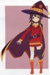  1girl absurdres bandaged_leg bandages bangs belt black_cape black_gloves black_hair black_headwear black_legwear boots cape dress eyebrows_visible_through_hair full_body gloves hat highres kono_subarashii_sekai_ni_shukufuku_wo! megumin red_dress scan short_hair_with_long_locks smile thigh-highs witch_hat yamamoto_shuuhei 