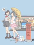  2girls 7-eleven absurdres amano_hina_(tenki_no_ko) artsmad bag black_cat black_hair black_skirt blue_background building cat creator_connection hair_ribbon handbag highres holding_hands hood hood_down hoodie kimi_no_na_wa. long_hair miyamizu_mitsuha multiple_girls outdoors pink_skirt postbox_(outgoing_mail) poster_(object) ribbon school_uniform short_hair skirt sleeveless tachibana_taki tenki_no_ko twintails umbrella white_hoodie 