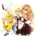  1girl apron bare_legs black_footwear black_skirt black_vest blonde_hair bow breasts carrying crossed_arms crossover dog eyebrows_visible_through_hair floating frilled_skirt frills full_body hair_between_eyes highres himari-san_yanaika joltik kirisame_marisa lightning_bolt long_hair long_sleeves looking_at_viewer maid_apron medium_breasts no_hat no_headwear open_mouth pokemon pokemon_(game) pokemon_swsh shirt shoes simple_background skirt smile socks star thighs tongue tongue_out touhou vest white_background yamper yellow_eyes 