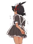  1boy absurdres alternate_costume apron arm_behind_back black_hair blue_eyes closed_mouth commentary crossdressinging dark_skin dark_skinned_male embarrassed enmaided from_behind gou_(pokemon) hair_ornament hairclip highres maid maid_apron maid_headdress male_focus nico_o0 pokemon pokemon_(anime) pokemon_swsh_(anime) simple_background solo spiky_hair sweat translation_request white_background 