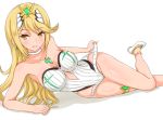  1girl artist_request ass bare_arms bare_shoulders blonde_hair blush breasts casual_one-piece_swimsuit competition_swimsuit earrings hair_between_eyes headgear mythra_(xenoblade) jewelry large_breasts linfa_lm long_hair looking_at_viewer lying nintendo one-piece_swimsuit smile solo swimsuit white_swimsuit xenoblade_(series) xenoblade_2 yellow_eyes 