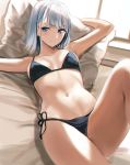  1girl absurdres arm_behind_head bangs bikini black_bikini blue_eyes blush breasts eyebrows_visible_through_hair highres looking_at_viewer lying navel nikek96 on_back original pillow short_hair silver_hair solo swimsuit 