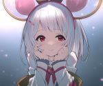  1girl animal_ears fake_animal_ears gradient gradient_background granblue_fantasy grey_background hair_ornament hairband hairclip hands_on_own_face long_sleeves looking_at_viewer medium_hair red_eyes sawayaka_samehada smile solo upper_body vikala_(granblue_fantasy) white_hair 