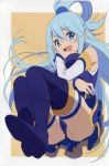  1girl absurdres aqua_(konosuba) ass blue_eyes blue_footwear blue_hair blue_panties boots breasts detached_sleeves dress from_below full_body hat highres knee_boots kono_subarashii_sekai_ni_shukufuku_wo! long_hair long_sleeves looking_at_viewer open_mouth panties scan smile thigh-highs thigh_boots thighhighs_under_boots underwear witch_hat yamamoto_shuuhei 