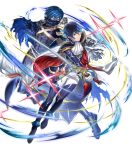  1boy aoi_itsuki armored_boots blue_eyes blue_hair boots cape chrom_(fire_emblem) epaulettes facial_mark fire_emblem fire_emblem_heroes full_body gen&#039;ei_ibunroku_sharp_fe gloves highres mikurou_(nayuta) official_art sparkle sword transparent_background weapon 