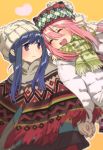  2girls ^_^ animal_hat bangs beanie beige_headwear blue_hair cat_hat closed_eyes closed_mouth down_jacket dutch_angle eyebrows_visible_through_hair facing_another floating_hair fringe_trim green_scarf hair_between_eyes happy hat heart holding_hands jacket kagamihara_nadeshiko light_smile long_hair long_sleeves looking_at_another multiple_girls open_clothes open_jacket open_mouth orange_background outline pink_hair plaid pom_pom_(clothes) poncho print_scarf round_teeth scarf shima_rin sidelocks simple_background smile striped striped_scarf swept_bangs tareme teeth tsumugi15 upper_teeth violet_eyes white_jacket white_outline winter_clothes yurucamp |d 