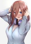  1girl blue_cardigan blue_eyes blush cardigan commentary_request go-toubun_no_hanayome grey_background hair_between_eyes hands_up headphones headphones_around_neck highres john_zhang long_hair long_sleeves looking_at_viewer nakano_miku open_mouth redhead simple_background solo teeth upper_teeth 