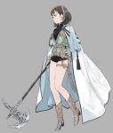  1girl absurdres axe belt black_blouse black_shorts blouse braid brown_eyes brown_footwear brown_hair cape earrings gloves highres hirooka_masaki holding holding_weapon jewelry multicolored_hair original short_hair shorts simple_background solo streaked_hair weapon white_cape 