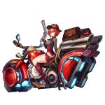  1girl badge boots full_body grin ground_vehicle gun hair_between_eyes handgun highres hover_bike iron_annie last_origin looking_at_viewer looking_back motor_vehicle motorcycle necktie official_art paintale redhead revolver sidelocks smile solo tachi-e thigh-highs transparent_background weapon white_legwear yellow_eyes 
