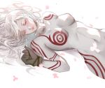  1girl absurdres albino bodysuit breasts closed_mouth colored_eyelashes commentary deadman_wonderland donatsu_(donut007008) gloves highres lips long_hair mittens navel red_eyes shiro_(deadman_wonderland) silver_hair simple_background skin_tight smile solo very_long_hair white_background white_hair 