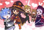  4girls absurdres animal_ears bandaged_leg bandages black_legwear blonde_hair blue_eyes blue_hair blush brown_hair chibi dress eyepatch gothic_lolita grey_hair highres isekai_quartet kono_subarashii_sekai_ni_shukufuku_wo! lolita_fashion long_hair looking_at_viewer maid megumin multiple_girls official_art open_mouth overlord_(maruyama) raccoon_ears raccoon_girl raphtalia re:zero_kara_hajimeru_isekai_seikatsu rem_(re:zero) shalltear_bloodfallen smile tail tate_no_yuusha_no_nariagari thigh-highs valentine viktoriya_ivanovna_serebryakov youjo_senki 