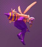  1girl antennae arthur_asa ass bee_girl bent_over blue_eyes breasts commentary compound_eyes english_commentary extra_eyes from_below full_body insect_girl insect_wings knee_pads lavender_hair pantyhose pointy_shoes purple_legwear q-bee shoes short_hair sleeveless solo spikes stinger vampire_(game) violet_eyes wings 
