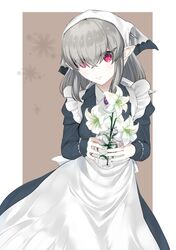  1girl apron bangs breasts brooch eyes_visible_through_hair flower grey_hair hair_ornament hairclip highres holding_vase jewelry lily_(flower) long_hair long_sleeves looking_at_viewer maid maid_apron medium_breasts original pointy_ears red_eyes satoshiki sidelocks simple_background solo standing vase 