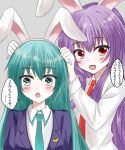  2girls :d :o animal_ears aqua_eyes aqua_hair aqua_neckwear bangs black_jacket blazer blush commentary_request cosplay crescent crescent_moon_pin crossover eyebrows_visible_through_hair fake_animal_ears grey_background hair_between_eyes hatsune_miku highres jacket long_hair long_sleeves looking_at_viewer multiple_girls necktie open_mouth purple_hair rabbit_ears red_eyes red_neckwear reisen_udongein_inaba reisen_udongein_inaba_(cosplay) sagasosei shirt sidelocks simple_background smile speech_bubble touhou translation_request upper_body vocaloid white_shirt 