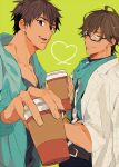  2boys arash_(fate) bespectacled black_hair brown_eyes brown_hair casual coffee_cup cup dark_skin dark_skinned_male disposable_cup earrings fate/prototype fate/prototype:_fragments_of_blue_and_silver fate_(series) glasses heart heart_of_string holding holding_cup hood hoodie jacket_on_shoulders jewelry multiple_boys ozymandias_(fate) tatsuta_age yellow_eyes 