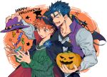  2boys bat_wings blue_hair candy cape cu_chulainn_(fate)_(all) emiya_shirou fang fate/hollow_ataraxia fate/stay_night fate_(series) food halloween hat holding holding_hat jack-o&#039;-lantern lancer multiple_boys orange_hair ponytail tatsuta_age vest wings witch_hat wrapped_candy yellow_eyes 
