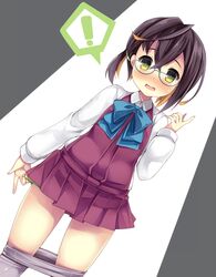  1girl akikaze_tsumuji black_hair blue-framed_eyewear blush bow bowtie brown_hair dress glasses green_eyes green_panties grey_legwear hair_between_eyes kantai_collection long_sleeves looking_at_viewer multicolored_hair okinami_(kantai_collection) open_mouth panties pink_hair school_uniform shirt short_hair sleeveless sleeveless_dress solo thighs underwear white_shirt 