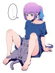  ... 1girl barefoot blue_dress breasts cat commentary_request dress highres original ponytail purple_hair simple_background small_breasts solo ume_(yume_uta_da) violet_eyes white_background 