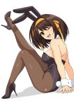  1girl animal_ears arms_behind_back bare_shoulders black_footwear black_leotard breasts brown_eyes brown_hair bunny_tail bunnysuit detached_collar eyebrows_visible_through_hair fake_animal_ears from_side hair_ribbon hairband haruhisky high_heels highres knee_up leg_up leotard looking_at_viewer medium_hair one_eye_closed open_mouth pantyhose rabbit_ears ribbon shadow shoulder_blades simple_background sitting smile solo strapless strapless_leotard suzumiya_haruhi suzumiya_haruhi_no_yuuutsu tail thighs tongue yellow_hairband yellow_ribbon 