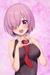  1girl :d bare_shoulders blush breasts fate/grand_order fate_(series) hair_over_one_eye hands_up happy heart heart_hands highres large_breasts lavender_hair mash_kyrielight necktie open_mouth purple_hair red_neckwear shirt short_hair sleeveless sleeveless_shirt smile solo upper_body upper_teeth violet_eyes yoshi8357 