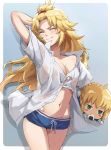  1girl ahoge arm_behind_head arm_up artoria_pendragon_(all) bangs blonde_hair blue_background blue_shorts blush blush_stickers border breasts closed_eyes closed_mouth collarbone collared_shirt fang fate/apocrypha fate/stay_night fate_(series) food forehead gradient gradient_background green_eyes hair_pulled_back highres long_hair mordred_(fate) mordred_(fate)_(all) navel no_bra onigiri parted_bangs saber shirt short_shorts short_sleeves shorts small_breasts solo stuffed_toy thighs tonee white_border white_shirt 