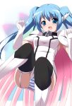  1girl :d bangs black_legwear blue_eyes blue_hair blush boots breasts cape dress elbow_gloves eyebrows_visible_through_hair floating_hair garter_straps gloves hair_between_eyes knee_boots long_hair looking_at_viewer nymph_(sora_no_otoshimono) open_mouth panties shiny shiny_hair short_dress sleeveless sleeveless_dress small_breasts smile solo sora_no_otoshimono striped striped_panties thigh-highs tsukishiro_kou twintails underwear very_long_hair white_background white_cape white_dress white_footwear white_gloves 