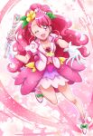  1girl :d back_bow bare_legs bow choker collarbone cure_grace earrings floral_background flower gloves green_bow hair_bun hair_flower hair_ornament hanadera_nodoka hanzou healin&#039;_good_precure heart heart_hair_ornament highres holding holding_wand jewelry layered_skirt long_hair looking_at_viewer magical_girl open_mouth outstretched_hand pink_background pink_bow pink_eyes pink_flower pink_hair pink_neckwear pink_rose pink_theme precure rose shoe_bow shoes smile solo wand white_background white_footwear white_gloves 
