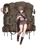  1girl absurdres backpack bag bandaged_leg bandages blush boots brown_eyes brown_hair eyebrows_visible_through_hair eyebrows_visible_through_hat greentree gun helmet highres last_origin looking_at_viewer miniskirt mp40 skirt solo submachine_gun t-50_px_silky weapon 