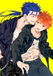  2boys arm_around_waist blue_hair casual cu_chulainn_(fate)_(all) earrings emiya_shirou fate/stay_night fate_(series) hood hoodie jewelry lancer long_hair male_focus midriff multiple_boys orange_hair ponytail red_eyes simple_background tatsuta_age yellow_background yellow_eyes 