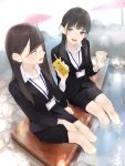  2girls :d ama_mitsuki ashiyu bangs black_hair breasts brown_eyes brown_hair business_suit cup drinking_straw formal juice_box long_hair low_twintails multiple_girls name_tag office_lady open_mouth original pencil_skirt sitting skirt smile steam suit teeth twintails wading water 