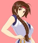  1girl braid breasts brown_eyes brown_hair commentary_request dougi haruno_(haruno-kgr) headband large_breasts long_hair looking_at_viewer ryuuko_no_ken simple_background single_braid solo the_king_of_fighters very_long_hair yuri_sakazaki 