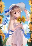  1girl 3h_(artist) absurdres backlighting bangs bare_shoulders blonde_hair blue_sky blunt_bangs blush breasts choker clouds collarbone cowboy_shot day dress eyebrows_visible_through_hair flower frilled_dress frills hand_on_headwear hands_up hat hat_ribbon highres holding holding_flower horizon jewelry long_hair looking_at_viewer ocean original outdoors pendant petals ribbon see-through_silhouette sidelocks sky sleeveless sleeveless_dress small_breasts smile solo standing sun_hat sundress sunflower white_dress 