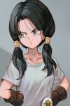  1girl black_hair blue_eyes breasts closed_mouth dragon_ball dragon_ball_z fingerless_gloves gloves hankuri medium_breasts medium_hair shirt simple_background solo twintails videl white_shirt 