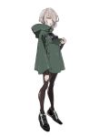  1girl bodysuit breasts coat highres kotoyama looking_at_viewer open_mouth original shoes short_hair simple_background solo white_background white_hair 