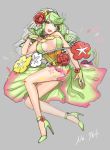  1girl breasts collar comfey dress flower green_eyes green_hair hair_flower hair_ornament ituyakitori legs lips long_hair open_mouth personification pokemon shoes 
