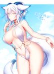  1girl animal_ears bangs breasts choker crossed_bangs dated dutch_angle fox_ears fox_tail horns konshin large_breasts looking_at_viewer navel o-ring original short_hair short_ponytail signature slingshot_swimsuit solo swimsuit tail white_hair white_swimsuit yellow_eyes 