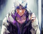  1boy bangs blue_hair casual cu_chulainn_(fate)_(all) cu_chulainn_alter_(fate/grand_order) facial_mark fate/grand_order fate_(series) hood hood_down hood_pull jacket male_focus rain red_eyes solo tatsuta_age 