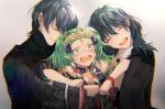  1boy 2girls blue_hair blush braid byleth_(fire_emblem) byleth_eisner_(female) byleth_eisner_(male) chromatic_aberration closed_eyes fire_emblem fire_emblem:_three_houses green_eyes green_hair grey_background hug imaing long_hair multiple_girls open_mouth pointy_ears ribbon_braid short_hair side_braid smile sothis_(fire_emblem) sweatdrop tiara twitter_username upper_body 