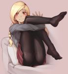  1girl bangs blonde_hair blush braided_ponytail breasts brown_background couch dark_skin english_commentary eyebrows_visible_through_hair full_body gravity_daze grey_shirt highres kitten_(gravity_daze) knees_on_chest knees_to_chest knees_together_feet_apart knees_up leg_hug legs legs_together legs_up long_hair long_sleeves looking_at_viewer medium_breasts nickleflick no_shoes pantyhose pillow pleated_skirt red_eyes red_skirt school_uniform shirt simple_background sitting skirt solo 