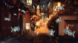  1girl black_footwear brown_hair carrying cat fish_skeleton flag green_skirt hair_ornament hairclip highres miniskirt night original paw_print road shio_(s_alt_shio) short_hair skirt solo street white_cat white_legwear 