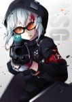  1girl acog aiming_at_viewer bleeding blood blood_on_face broken_eyewear character_name fingerless_gloves girls_frontline glasses gloves gun highres hood hooded_jacket jacket kel-tec kel-tec_ksg ksg_(girls_frontline) nakiusagi shotgun solo weapon white_hair 