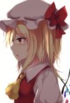  1girl ascot blonde_hair blush bow collared_shirt commentary_request crystal fang flandre_scarlet hat hat_bow highres kashiwagi_yamine looking_away mob_cap one_side_up parted_lips profile puffy_sleeves red_bow red_eyes red_vest shirt simple_background solo tears touhou upper_body vest white_background white_headwear white_shirt wings yellow_neckwear 