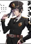  1boy artist_name asagiri_gen belt belt_pouch black_hair black_neckwear copyright_name cracked_skin dated doran7280 dr._stone grey_eyes gun hand_on_hip hand_up highres holding holding_gun holding_weapon looking_at_viewer male_focus multicolored_hair necktie pouch simple_background smile solo two-tone_hair uniform weapon white_background white_hair 