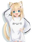  absurdres ahoge animal_ear_fluff animal_ears arm_up blonde_hair blue_eyes blush cat_ears cat_tail hair_ornament hairclip hand_on_hip highres long_hair no_pants open_mouth original salute shirt simple_background smile tail white_background white_shirt 