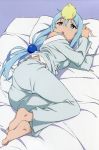  1girl absurdres aqua_(konosuba) barefoot bed bird blue_hair blush chick from_above highres kono_subarashii_sekai_ni_shukufuku_wo! long_hair lying on_side pajamas pillow saliva sleepy smile solo yamamoto_shuuhei 